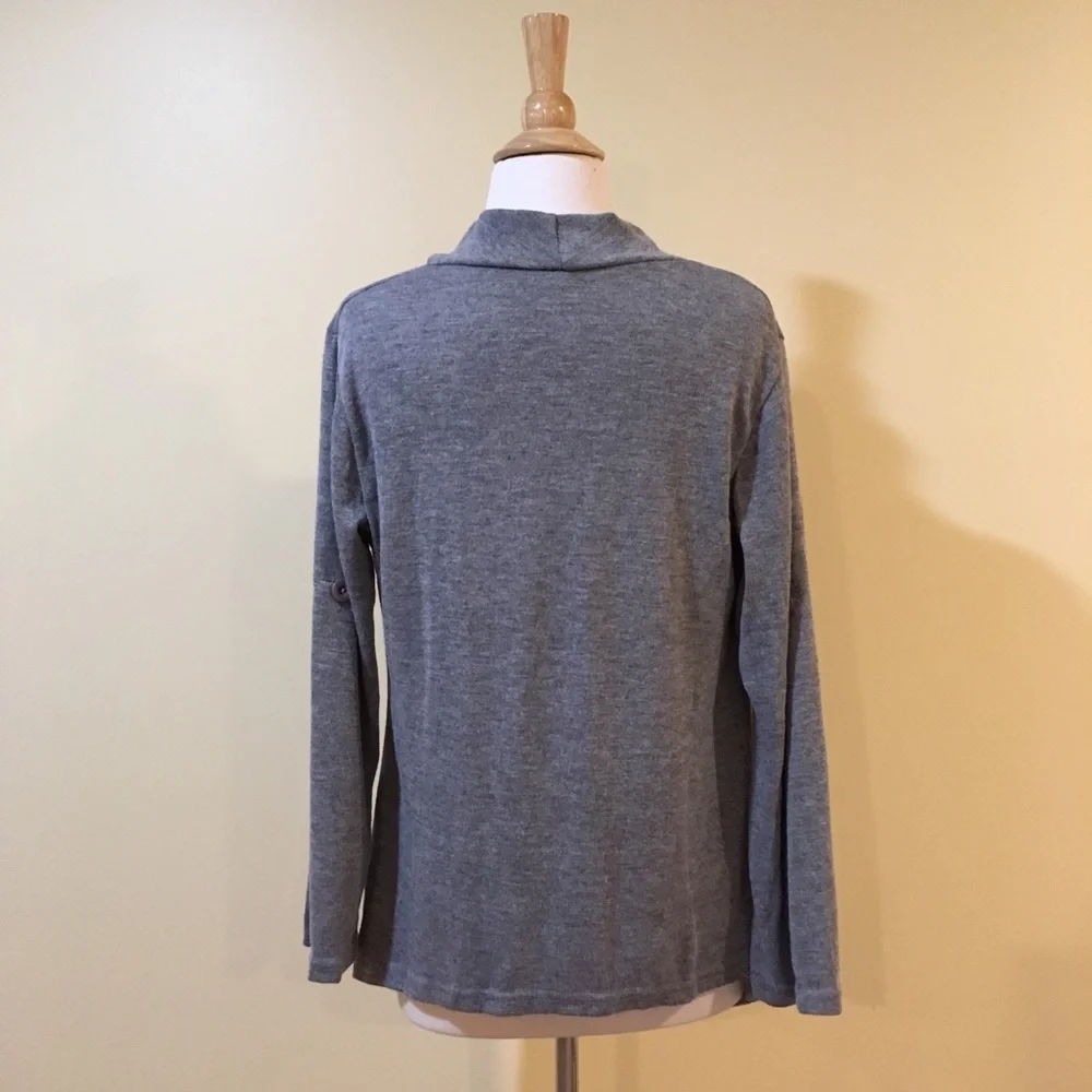 Cowl Neck Rolled Sleeve Wrap Cardigan Sweater Grey - Picture 5 of 6